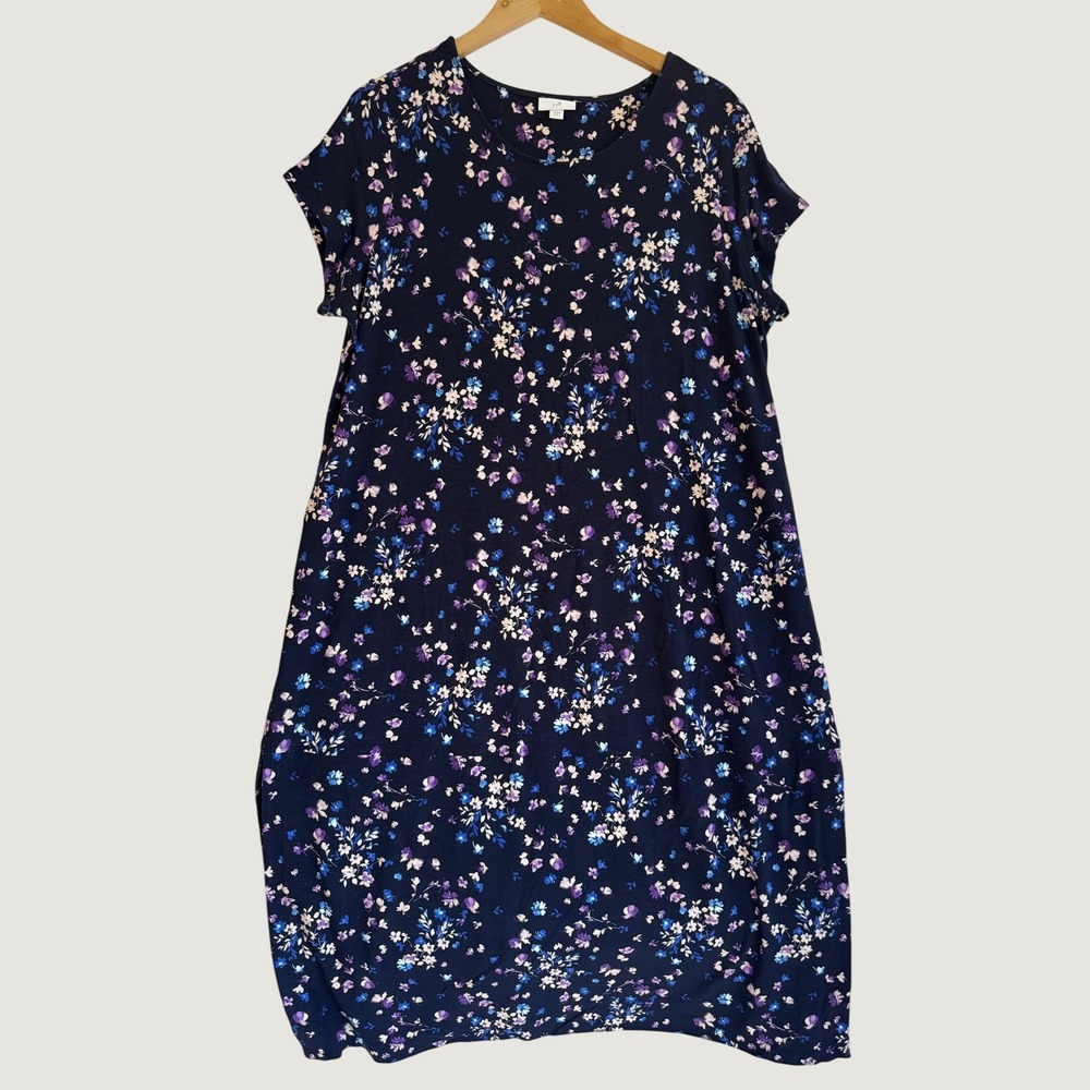 J. Jill Petite XL Navy Floral Knit Midi Dress Short Sleeve Pockets KDR290622